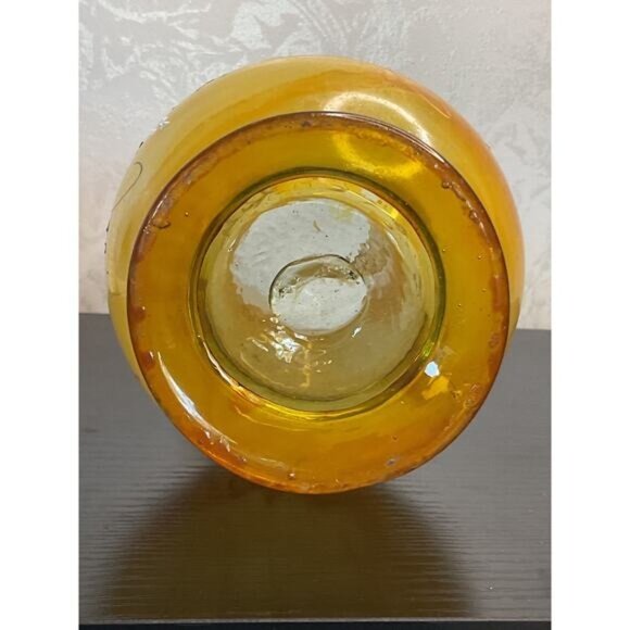 Vintage Hand Blown Amber Painted Glass Vase With Ruffled Rim & Floral Etching - Picture 5 of 5